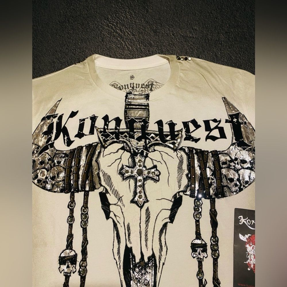 KonQuest RARE MEN’s skull T-Shirt Swarovski crystals & studded NWT size S. - Picture 4 of 14